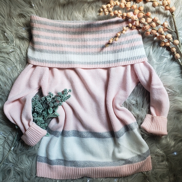 Vintage Sweaters - Sold Vintage Sweater Off the Shoulder Pastel Pink Winter Princess